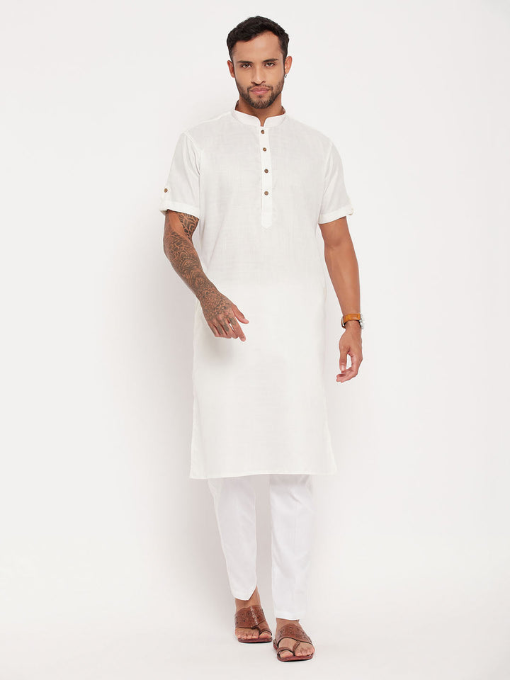 Sarvati Men's Cream Solid Kurta with White Pant Style Pyjama Set