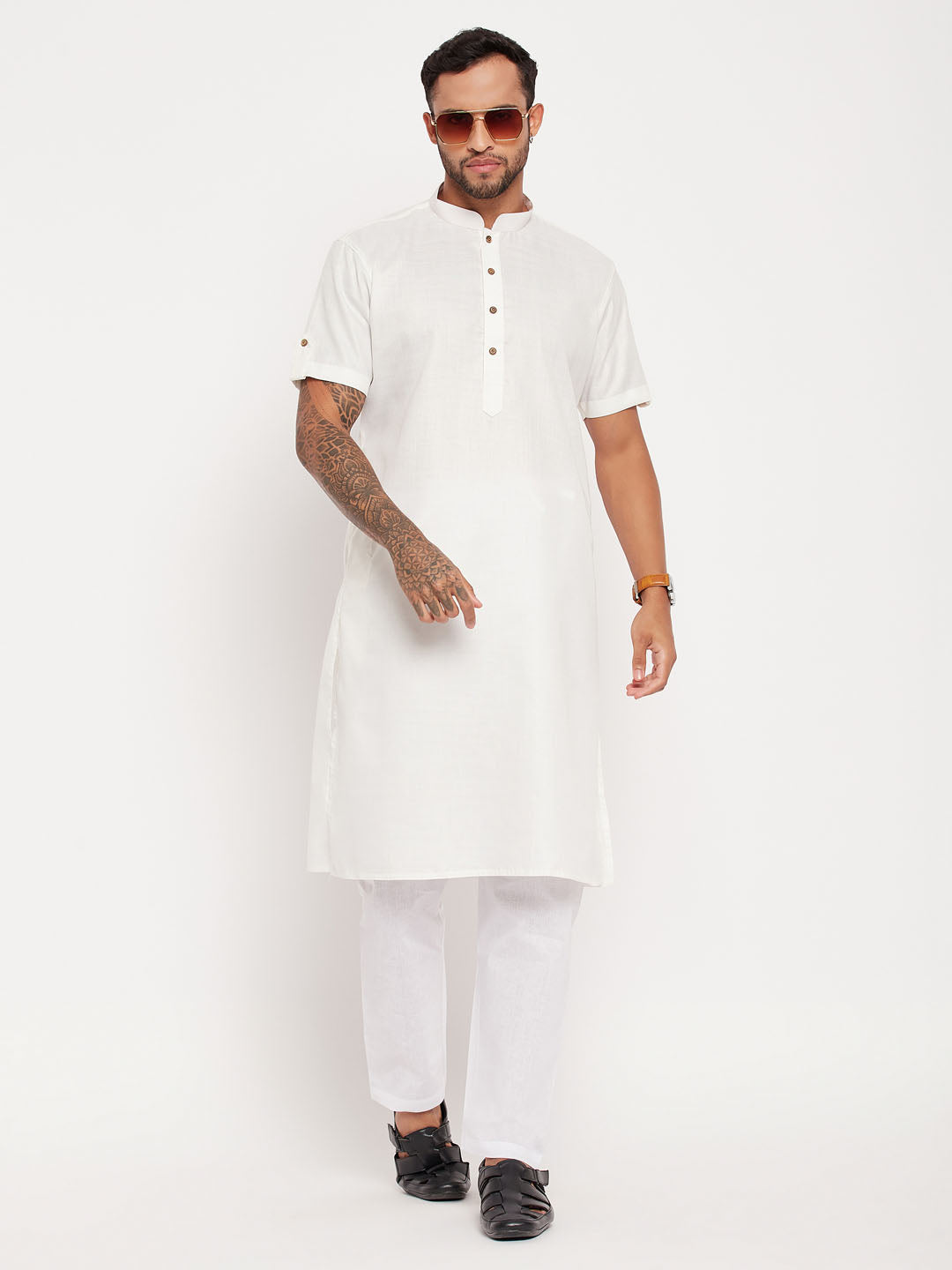 Sarvati Men's Cream Solid Kurta with White Pyjama Set