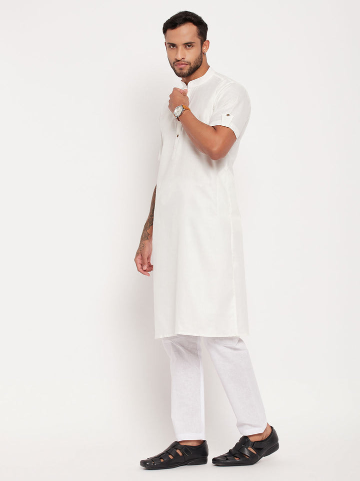 Sarvati Men's Cream Solid Kurta with White Pyjama Set