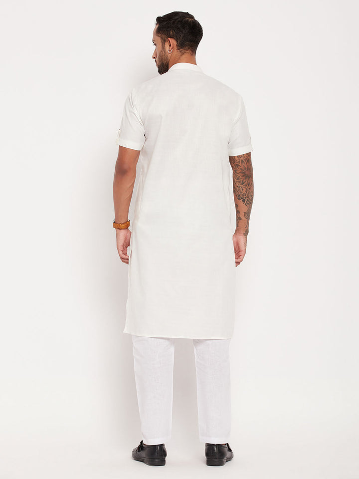 Sarvati Men's Cream Solid Kurta with White Pyjama Set