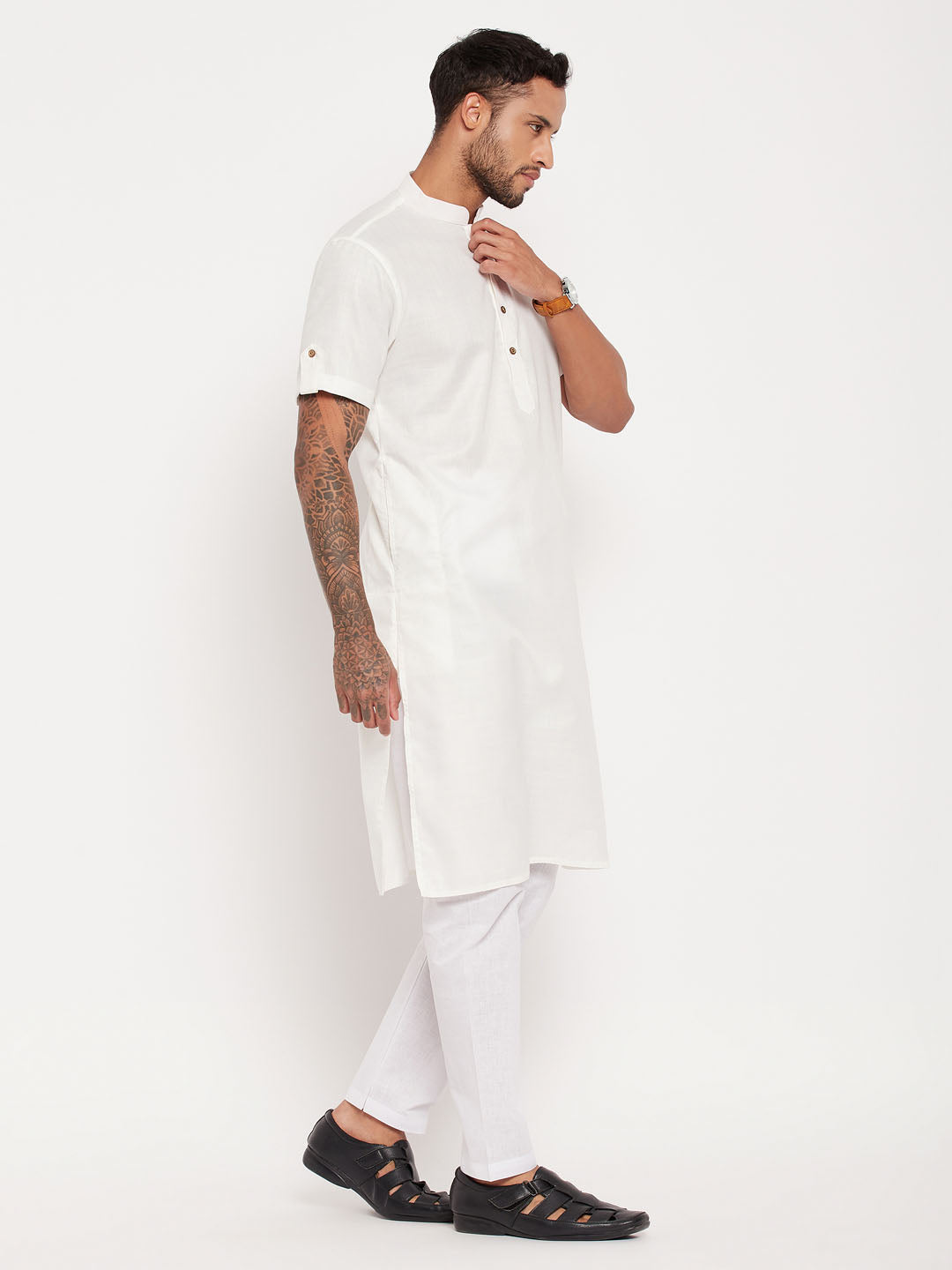 Sarvati Men's Cream Solid Kurta with White Pyjama Set