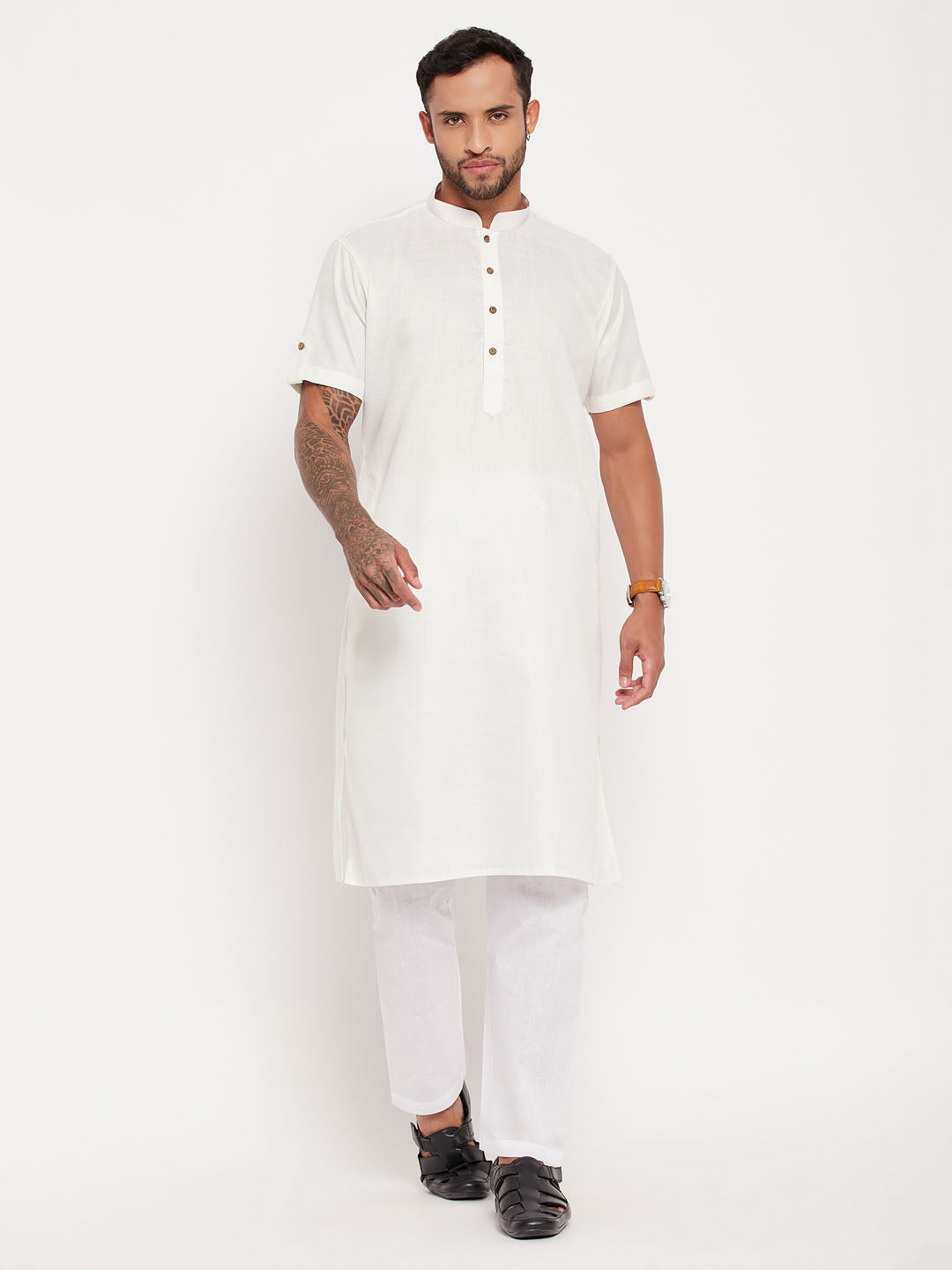 Sarvati Men's Cream Solid Kurta with White Pyjama Set