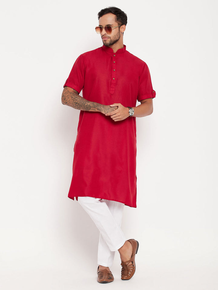 Sarvati Men's Maroon Solid Kurta with White Pant style Cotton Pyjama Set