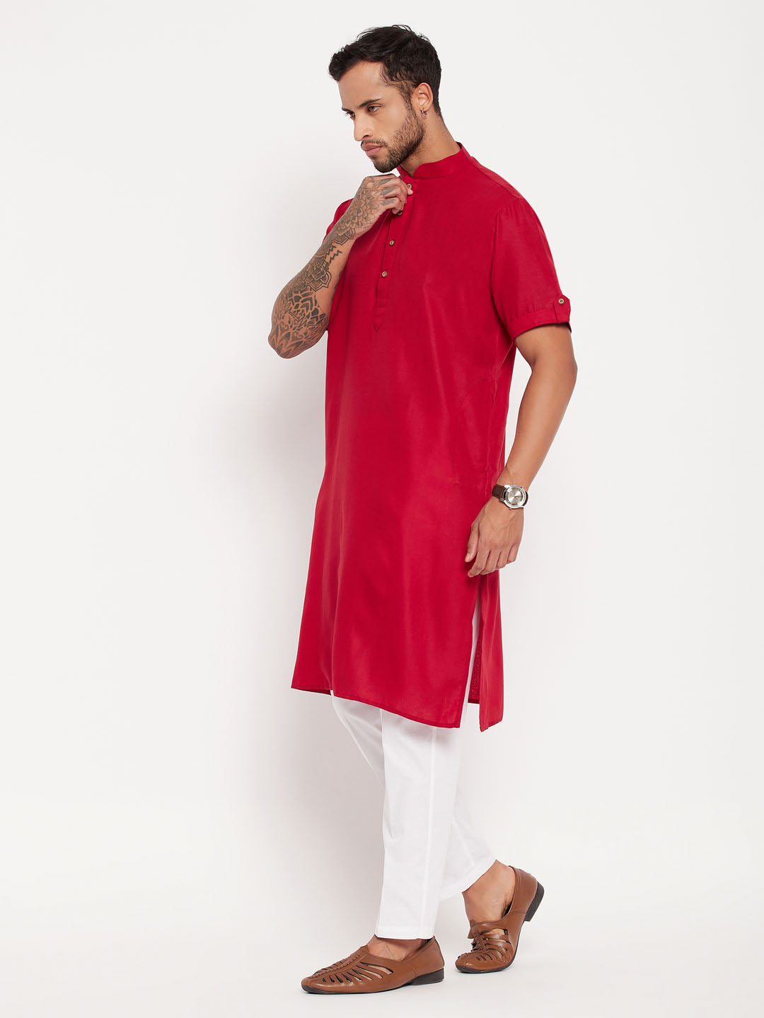 Sarvati Men's Maroon Solid Kurta with White Pant style Cotton Pyjama Set