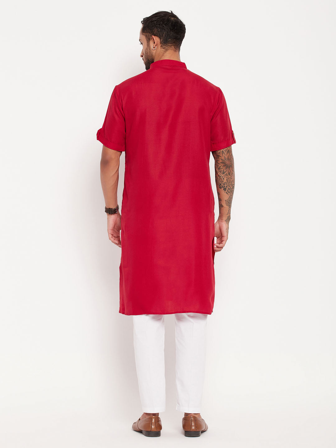 Sarvati Men's Maroon Solid Kurta with White Pant style Cotton Pyjama Set