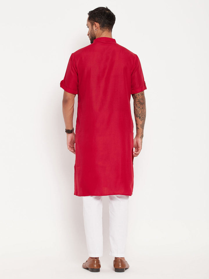 Sarvati Men's Maroon Solid Kurta with White Pant style Cotton Pyjama Set