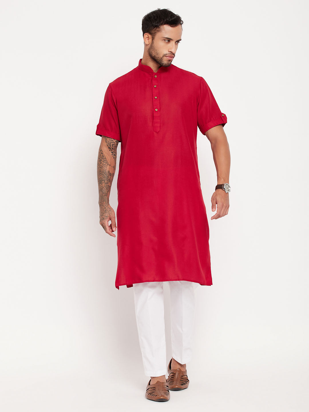 Sarvati Men's Maroon Solid Kurta with White Pant style Cotton Pyjama Set