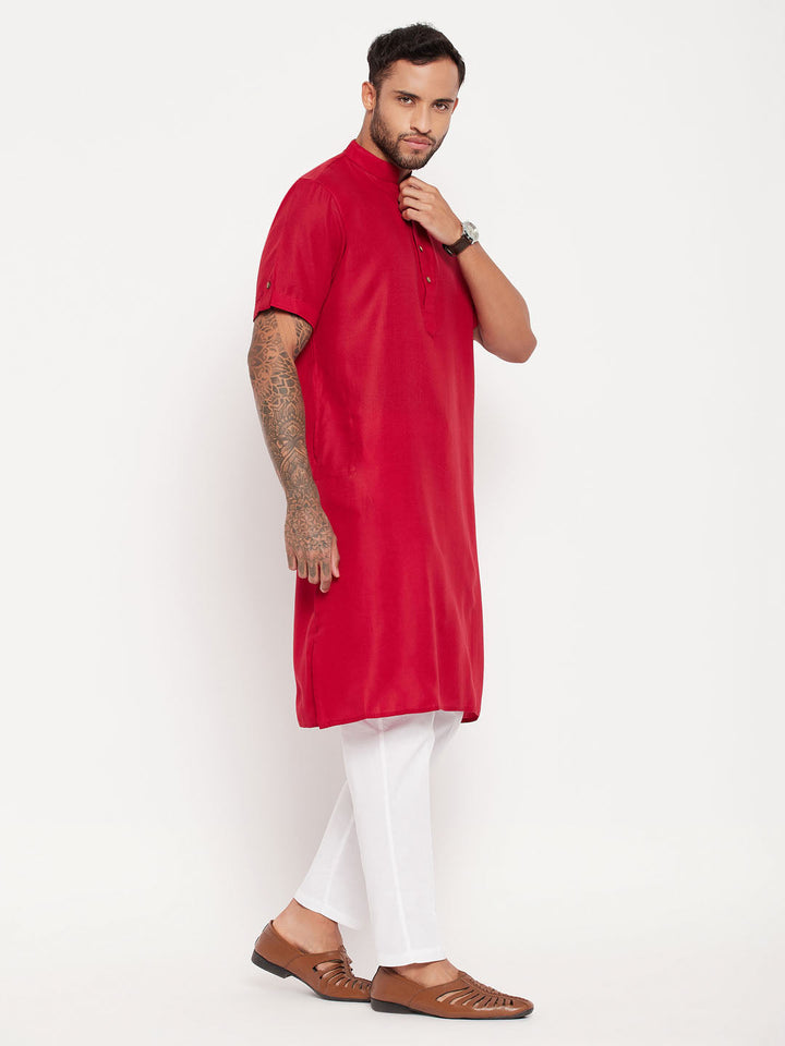 Sarvati Men's Maroon Solid Kurta with White Pant style Cotton Pyjama Set