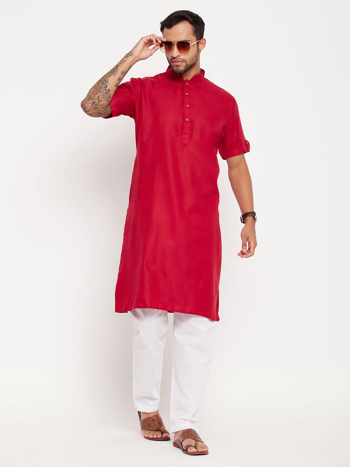 Sarvati Men's Maroon Solid Kurta with White Pyjama Set