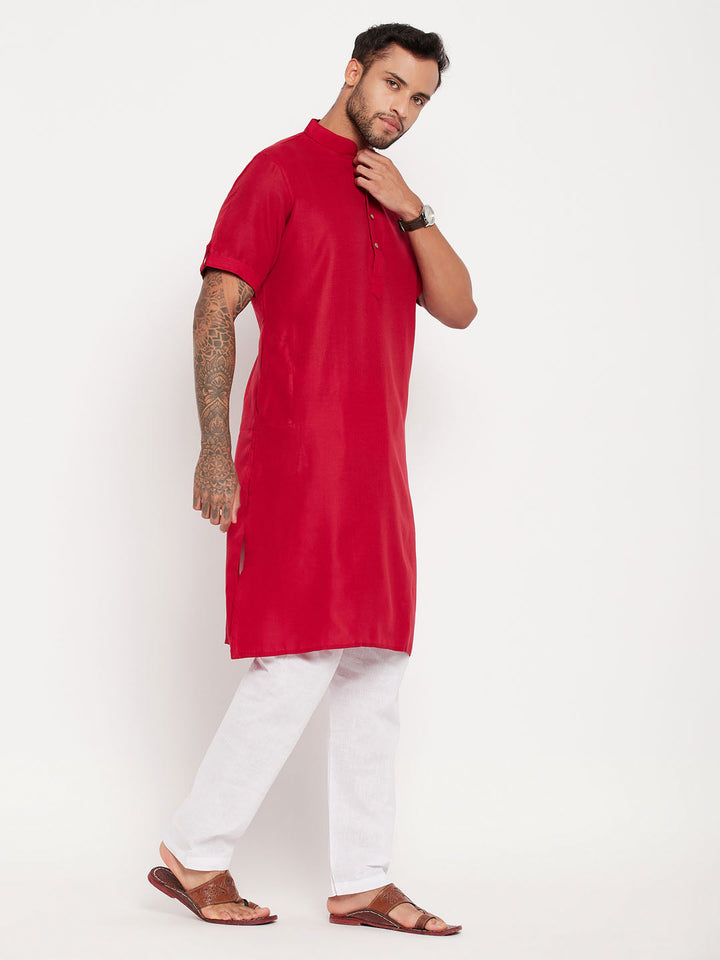 Sarvati Men's Maroon Solid Kurta with White Pyjama Set