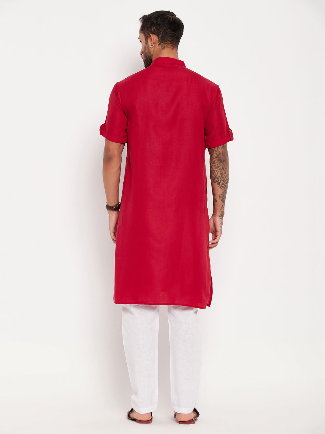 Sarvati Men's Maroon Solid Kurta with White Pyjama Set