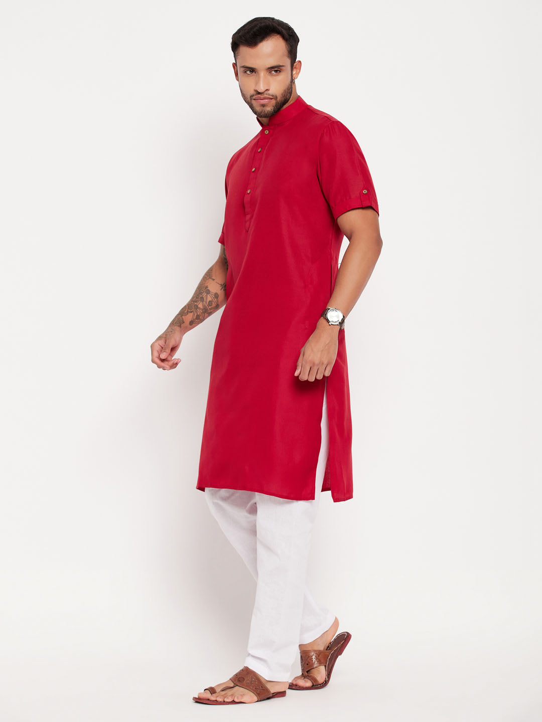 Sarvati Men's Maroon Solid Kurta with White Pyjama Set