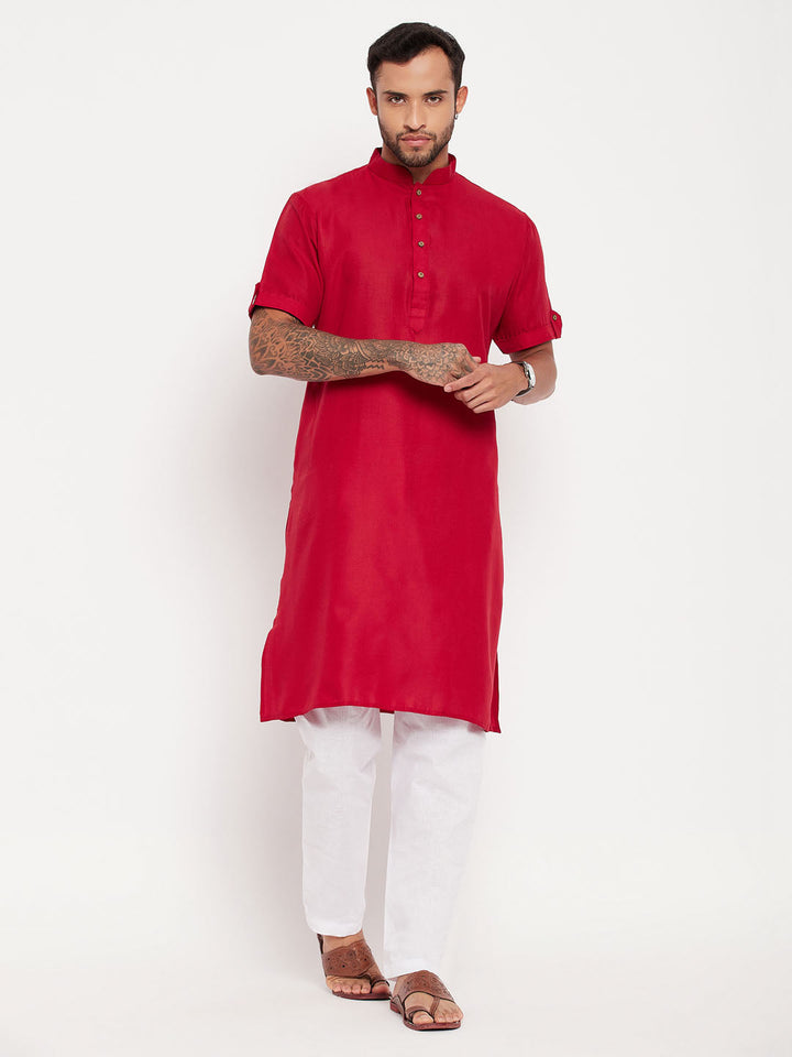 Sarvati Men's Maroon Solid Kurta with White Pyjama Set