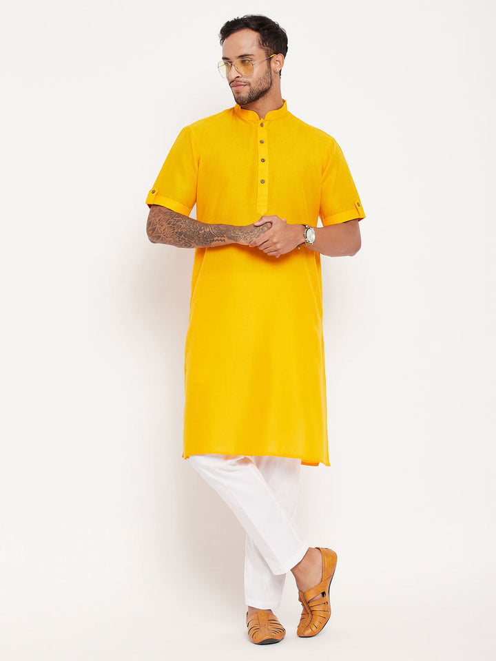 Sarvati Men's Mustard Solid Kurta with White Pant style Cotton Pyjama Set