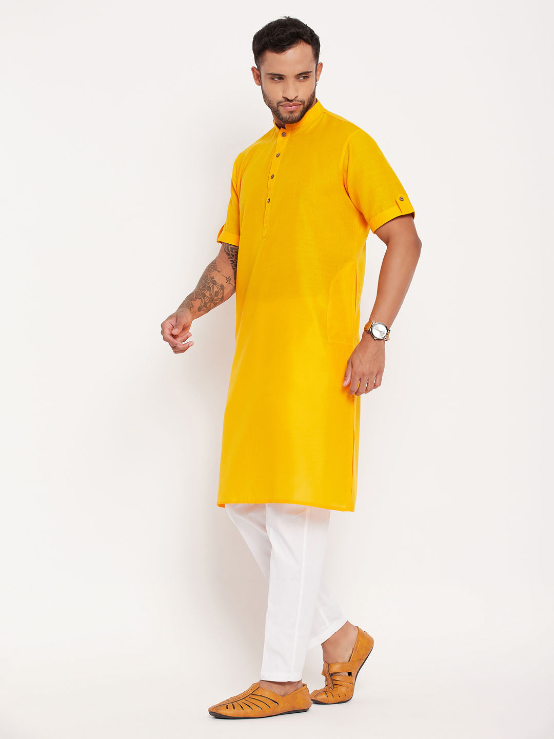 Sarvati Men's Mustard Solid Kurta with White Pant style Cotton Pyjama Set