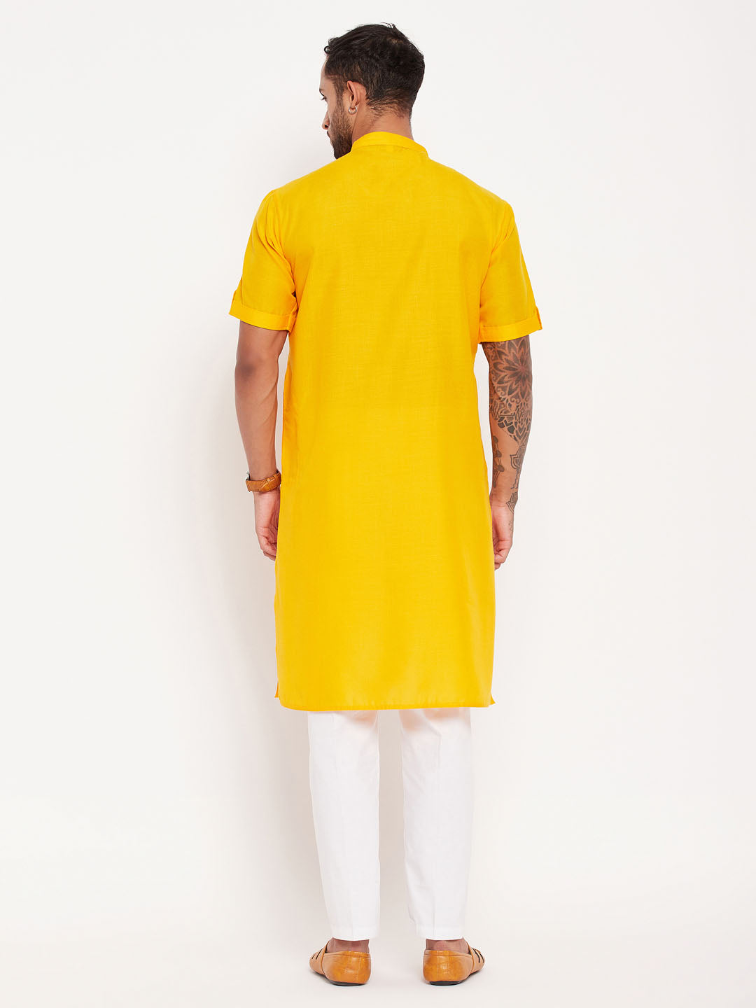 Sarvati Men's Mustard Solid Kurta with White Pant style Cotton Pyjama Set