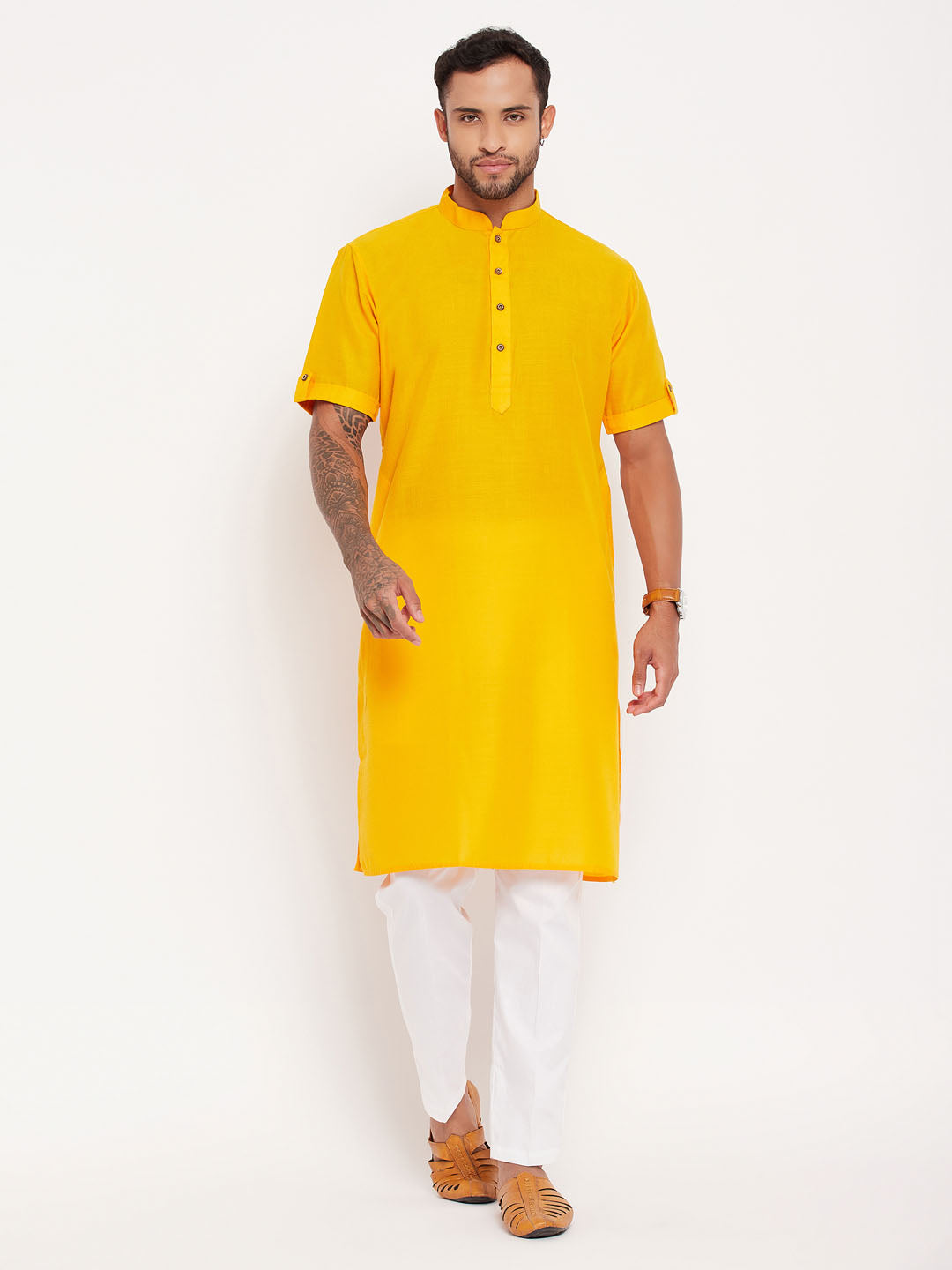 Sarvati Men's Mustard Solid Kurta with White Pant style Cotton Pyjama Set