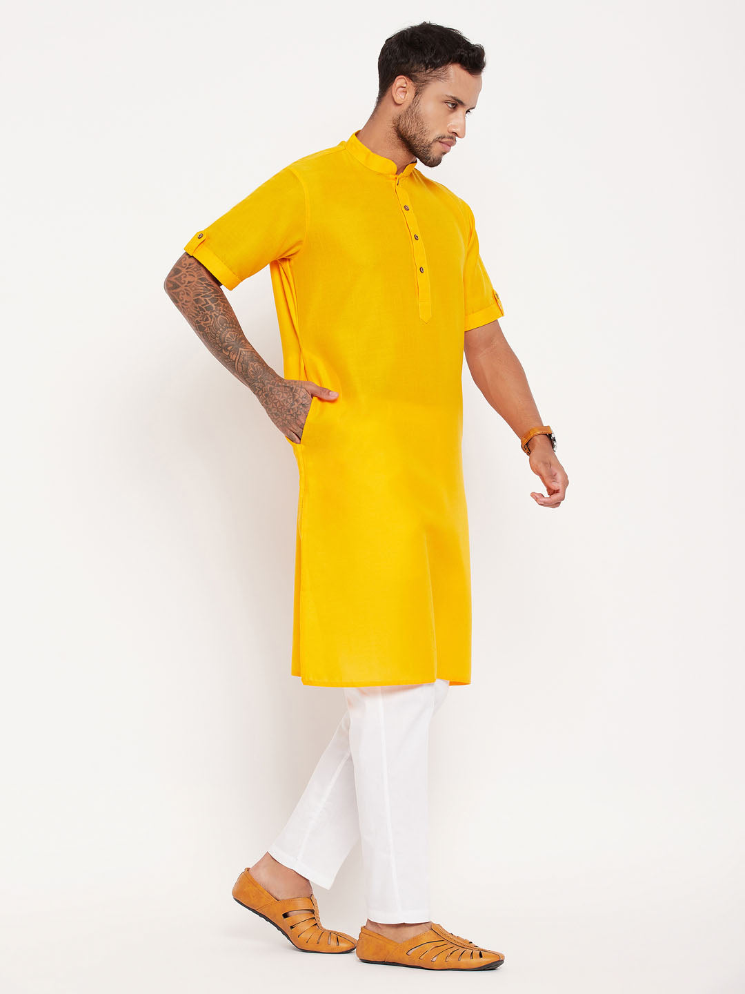 Sarvati Men's Mustard Solid Kurta with White Pant style Cotton Pyjama Set