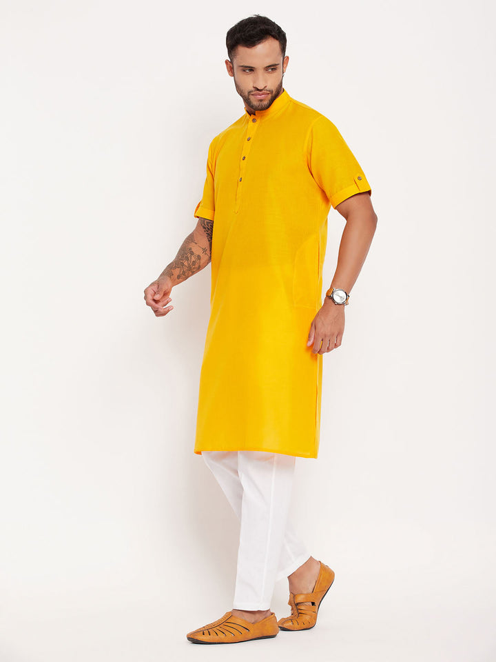 Sarvati Men's Mustard Solid Kurta with White Pant Style Pyjama Set