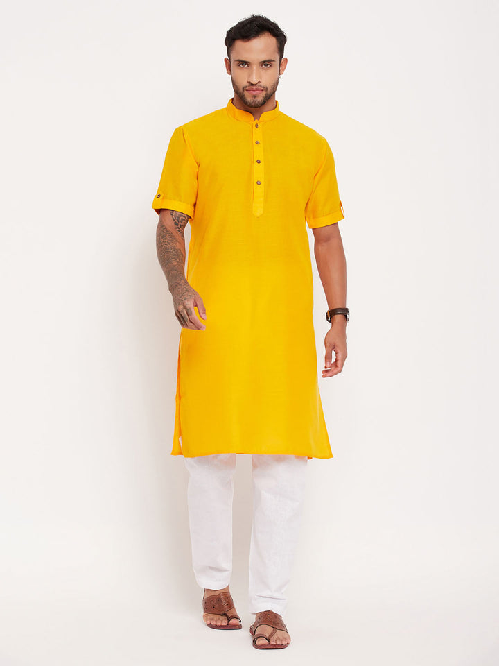 Sarvati Men's Mustard Solid Kurta with White Pyjama Set