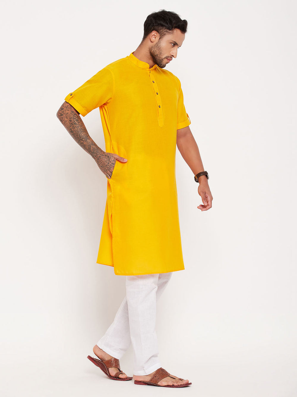 Sarvati Men's Mustard Solid Kurta with White Pyjama Set