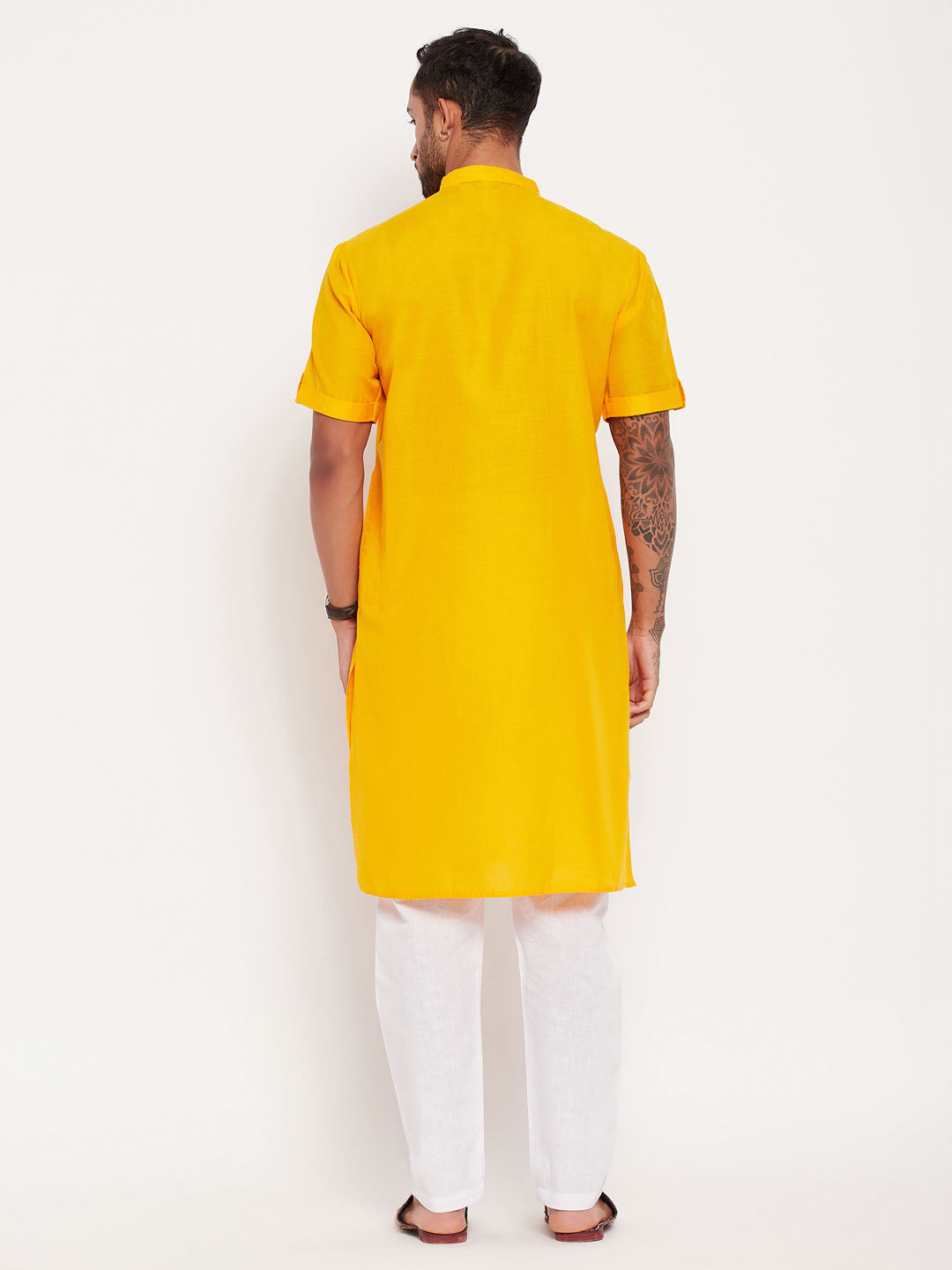 Sarvati Men's Mustard Solid Kurta with White Pyjama Set