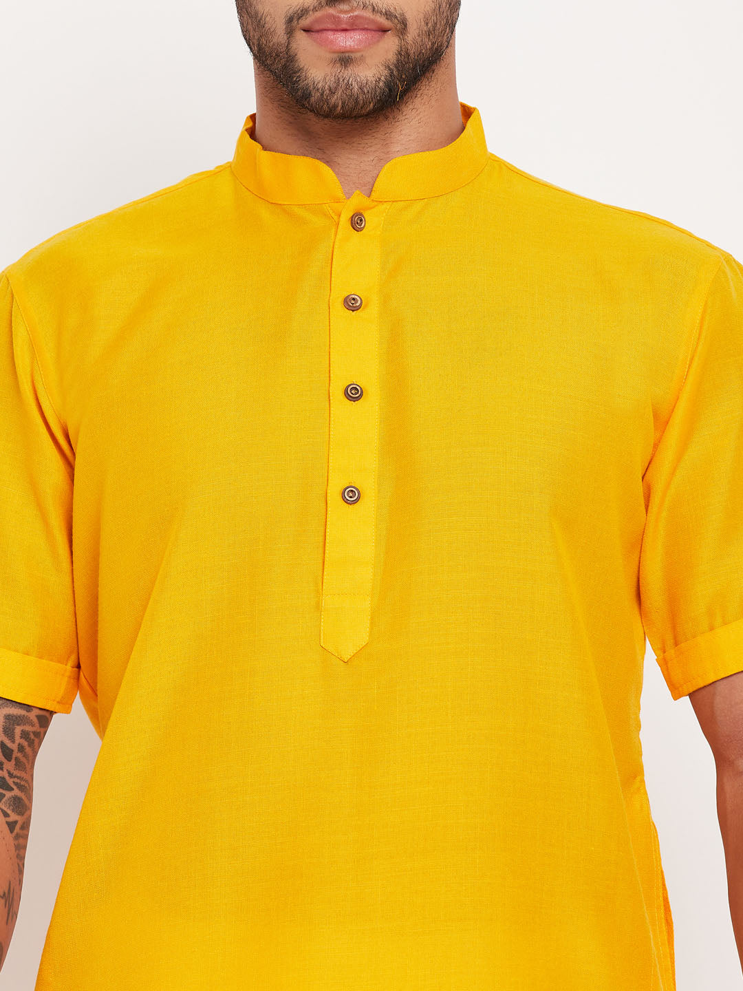 Sarvati Men's Mustard Solid Kurta with White Pyjama Set