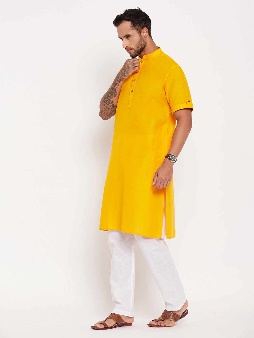 Sarvati Men's Mustard Solid Kurta with White Pyjama Set