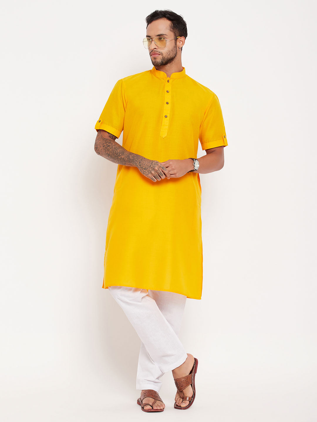 Sarvati Men's Mustard Solid Kurta with White Pyjama Set