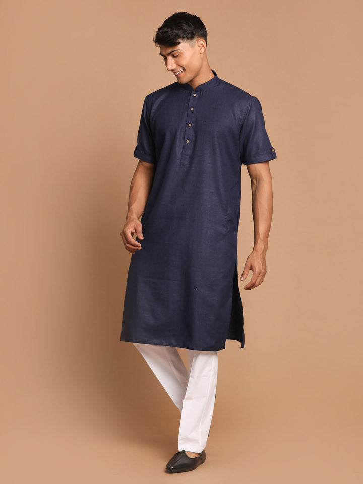 Sarvati Men's Navy Blue Solid Kurta with White Pant style Cotton Pyjama Set