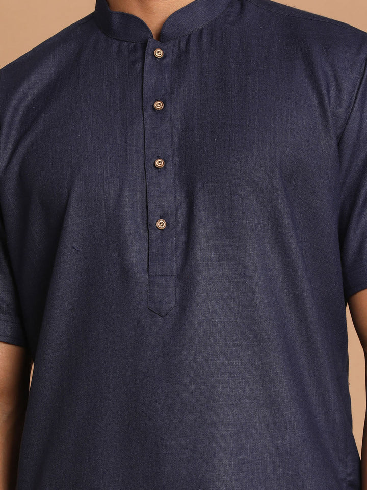 Sarvati Men's Navy Blue Solid Kurta with White Pant style Cotton Pyjama Set