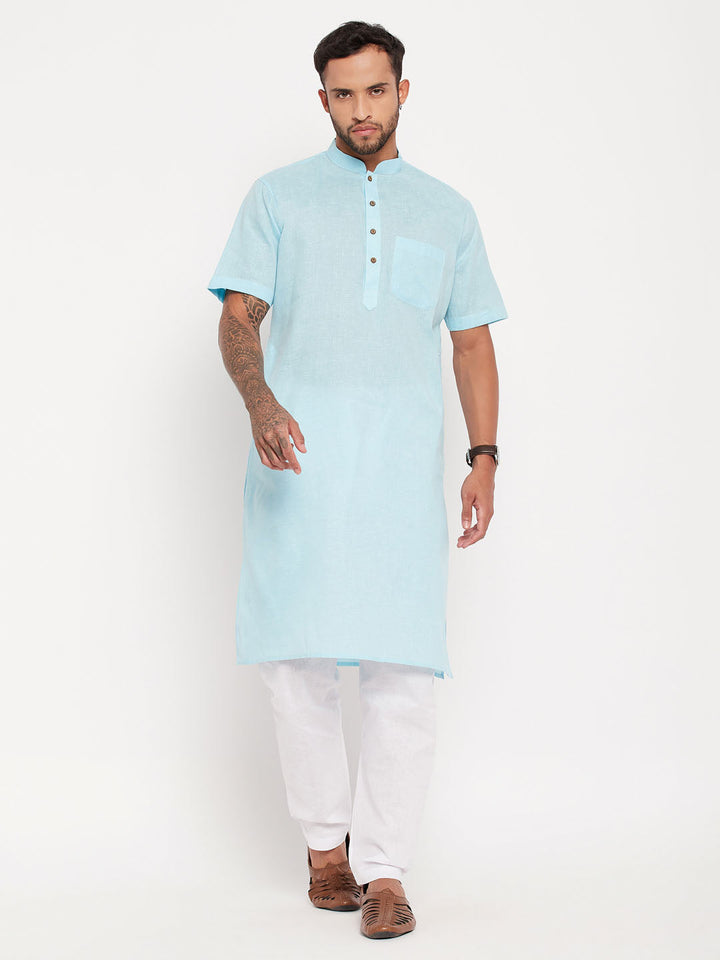 Sarvati Men's Aqua Blue Solid Kurta with White Pyjama Set