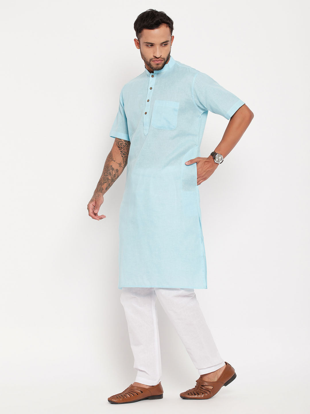 Sarvati Men's Aqua Blue Solid Kurta with White Pyjama Set