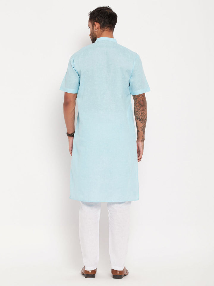 Sarvati Men's Aqua Blue Solid Kurta with White Pyjama Set