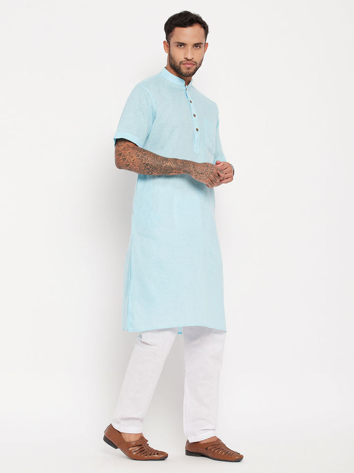 Sarvati Men's Aqua Blue Solid Kurta with White Pyjama Set