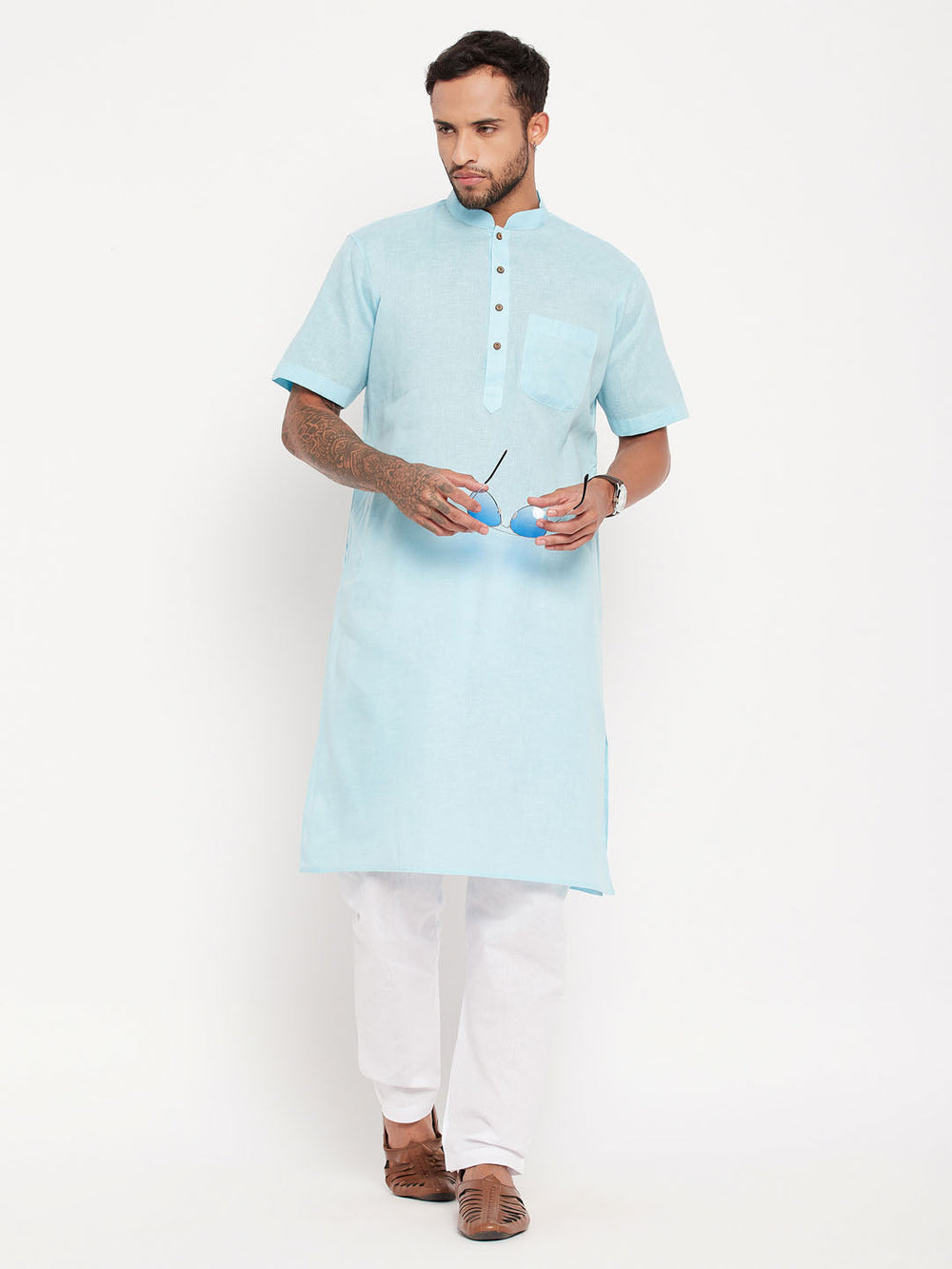 Sarvati Men's Aqua Blue Solid Kurta with White Pyjama Set