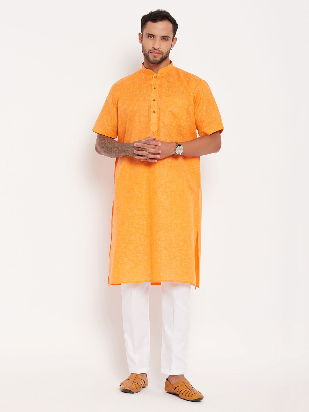 Sarvati Men's Orange Solid Kurta with White Pant Style Pyjama Set