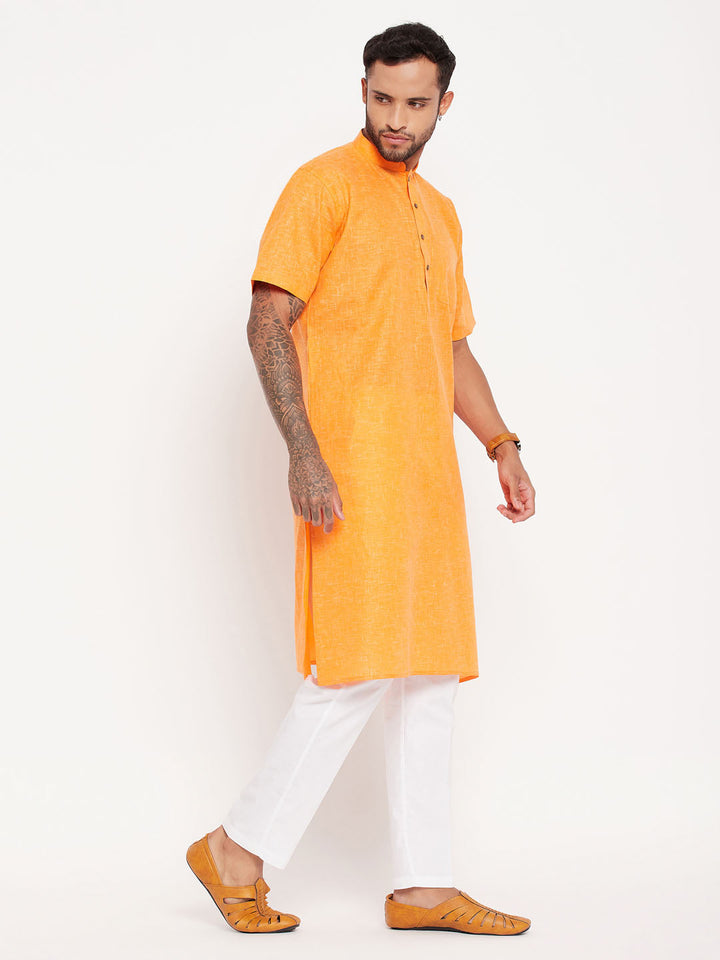 Sarvati Men's Orange Solid Kurta with White Pant Style Pyjama Set