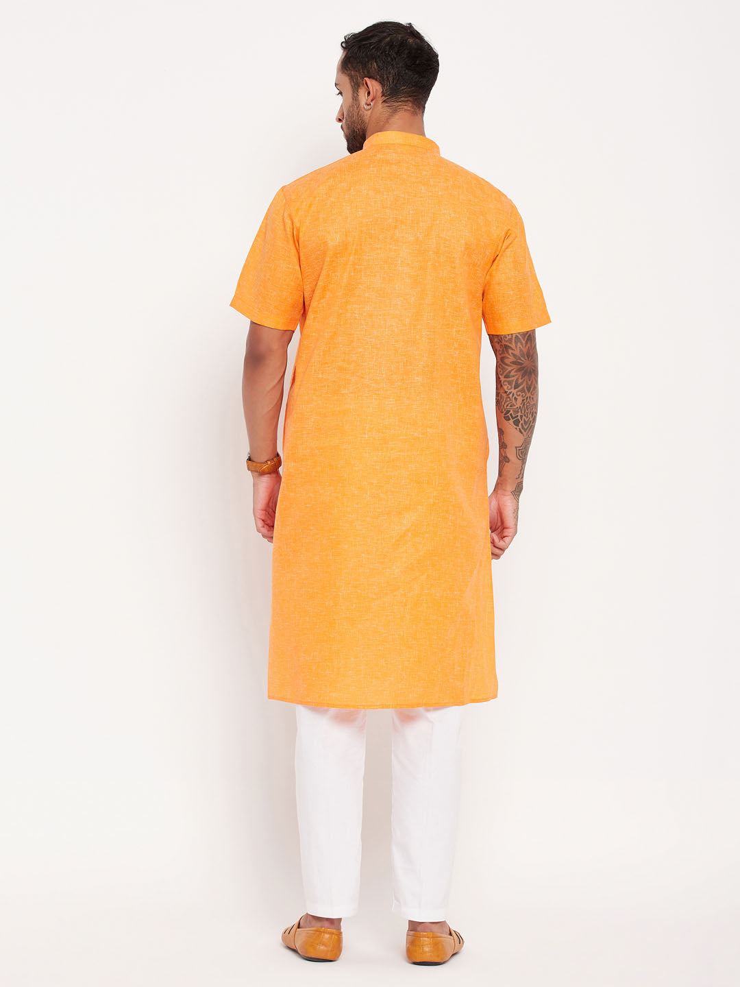 Sarvati Men's Orange Solid Kurta with White Pant Style Pyjama Set