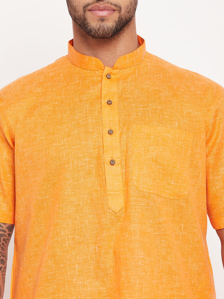 Sarvati Men's Orange Solid Kurta with White Pant Style Pyjama Set