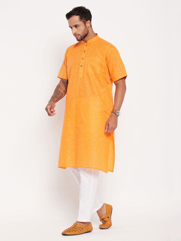 Sarvati Men's Orange Solid Kurta with White Pant Style Pyjama Set