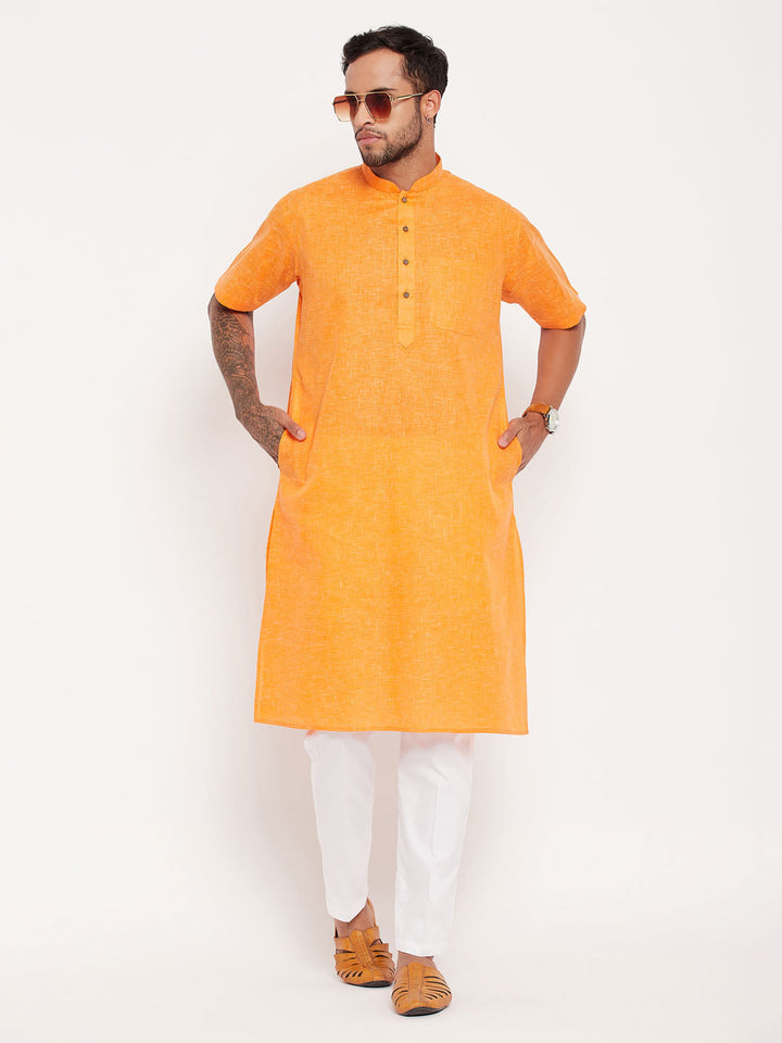 Sarvati Men's Orange Solid Kurta with White Pant Style Pyjama Set