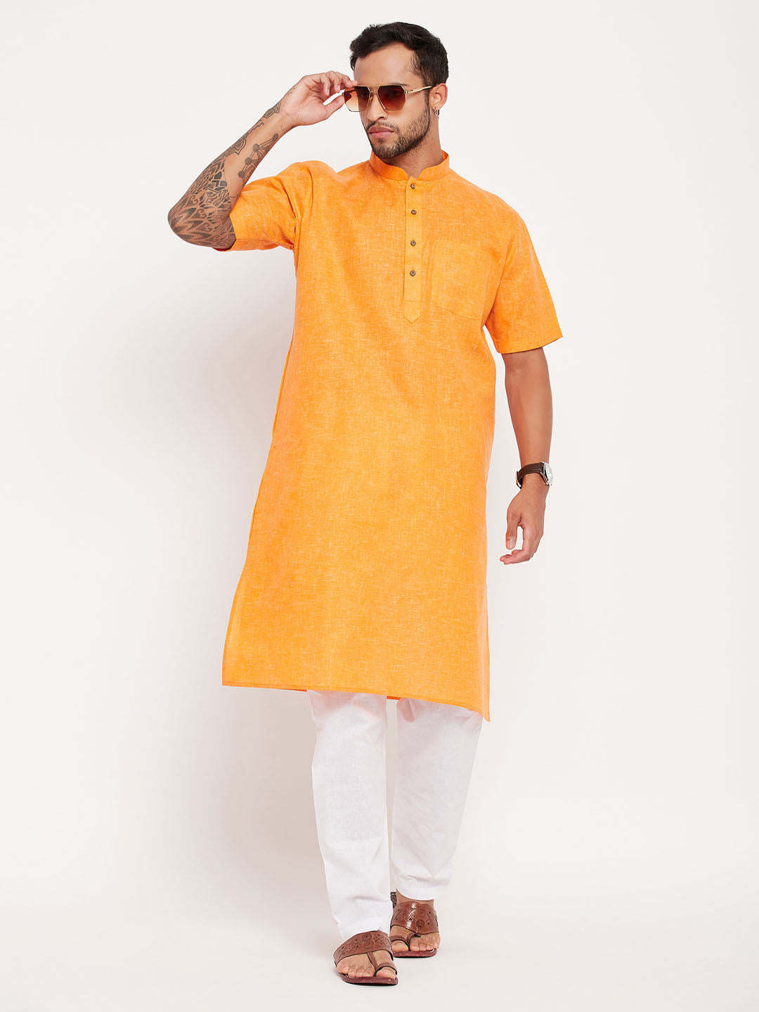 Sarvati Men's Orange Solid Kurta with White Pyjama Set