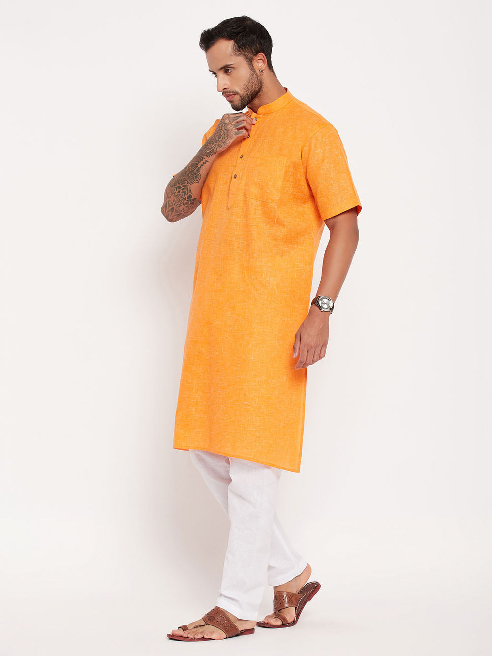 Sarvati Men's Orange Solid Kurta with White Pyjama Set