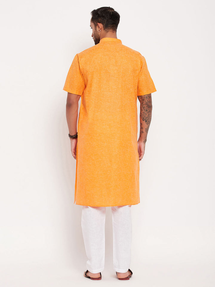 Sarvati Men's Orange Solid Kurta with White Pyjama Set