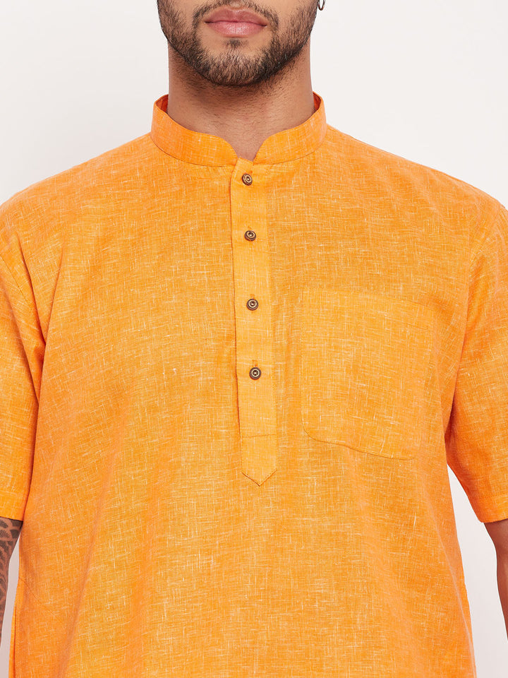 Sarvati Men's Orange Solid Kurta with White Pyjama Set