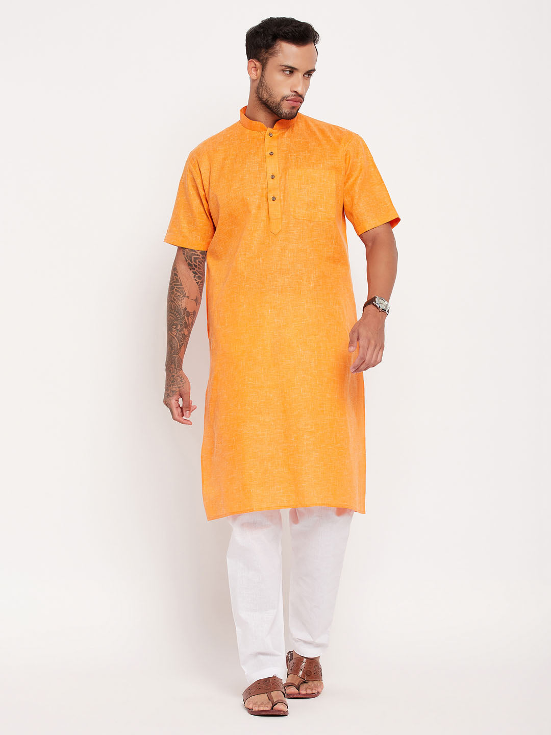 Sarvati Men's Orange Solid Kurta with White Pyjama Set