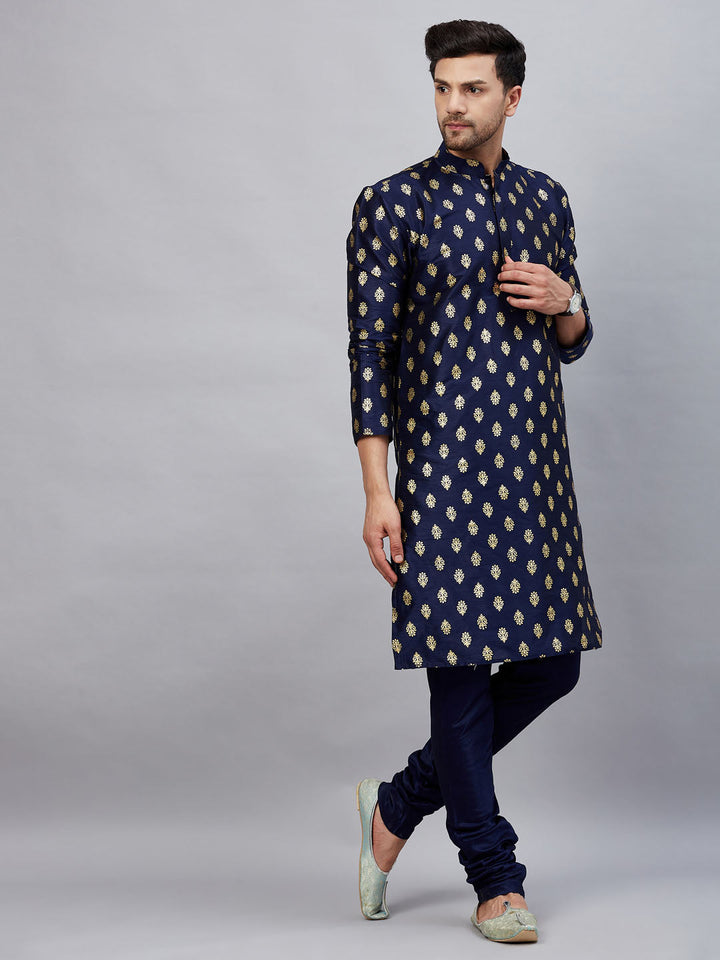 VM Men's Navy Blue Dupion Silk Kurta Pyjama Set