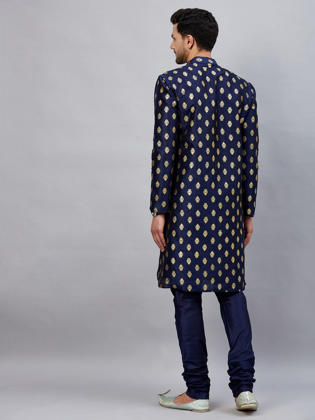 VM Men's Navy Blue Dupion Silk Kurta Pyjama Set