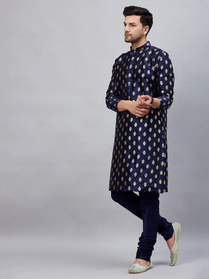 VM Men's Navy Blue Dupion Silk Kurta Pyjama Set